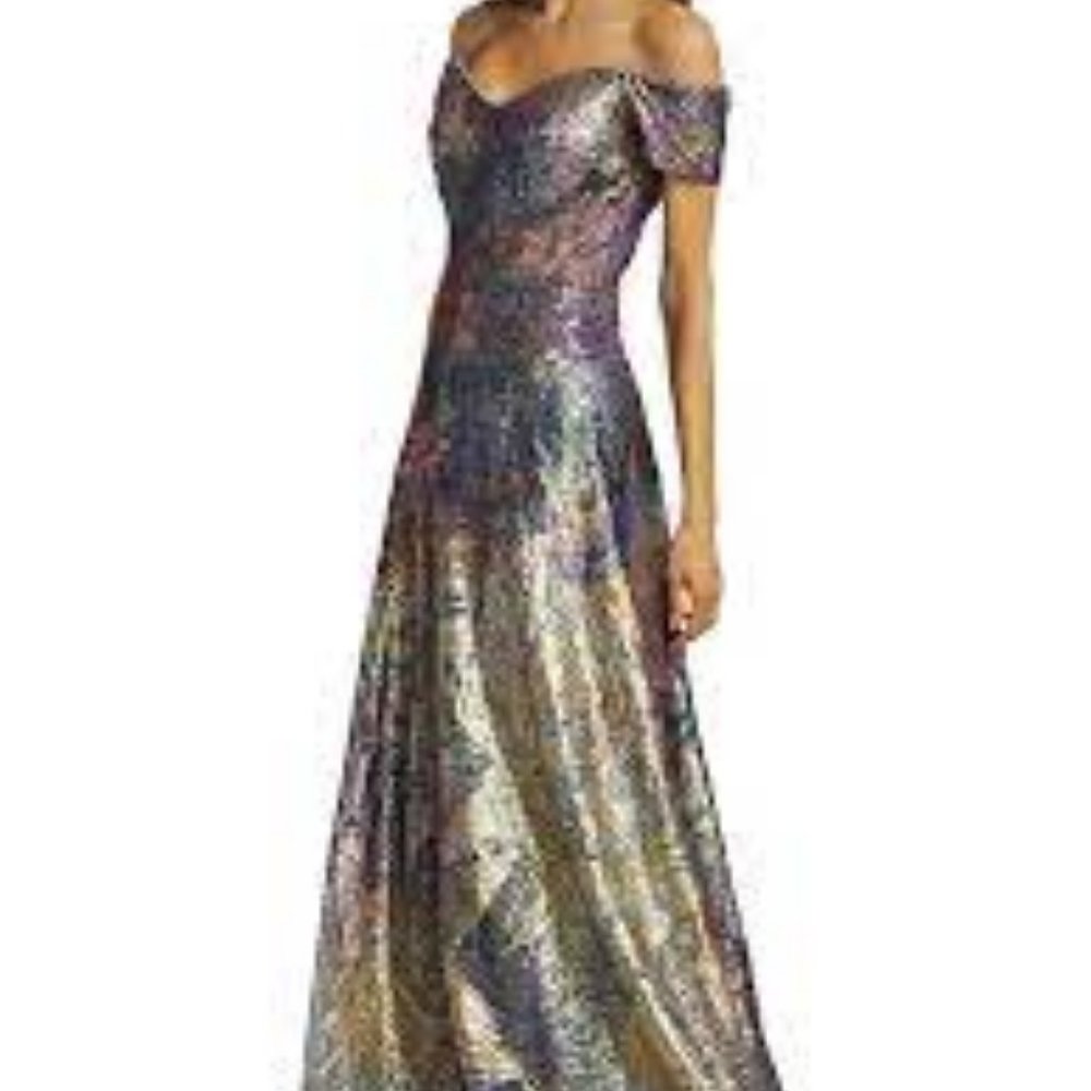 Rene Ruiz Collection Sequin Off-The-Shoulder Gown